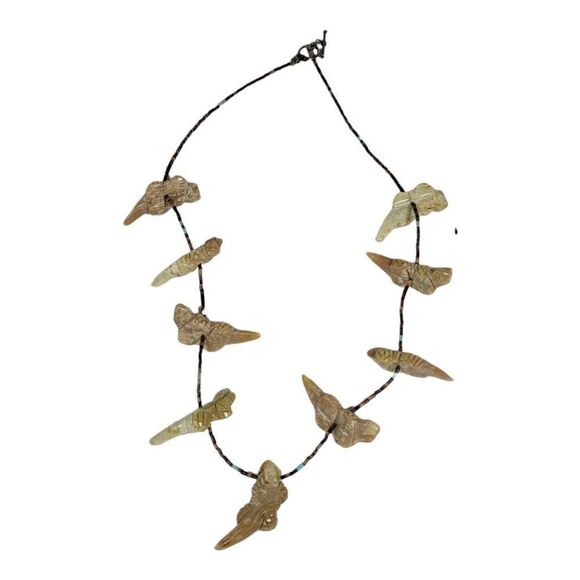 22" Vtg Southwest Carved Horned Toad Lizard Fetish Necklace Zuni Turquoise Bead - Picture 1 of 7